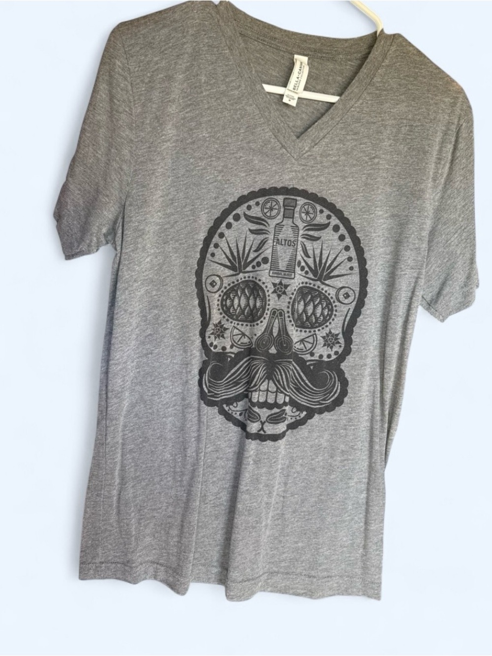 Gray V-Neck Graphic Tee - Day of the Dead Skull Altos Tequila